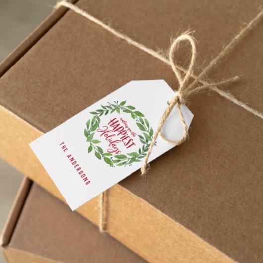 Groene waterverf met gelukkigste feestdagen cadeaulabel