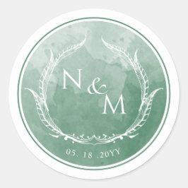 Groene Waterverf Monogram Envelope Seal/Favor Ronde Sticker