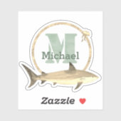 Groene Waterverf Monogram, Naam en Sepia Shark Sticker (Vel)