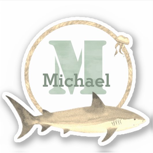Groene Waterverf Monogram, Naam en Sepia Shark Sticker (Voorkant)