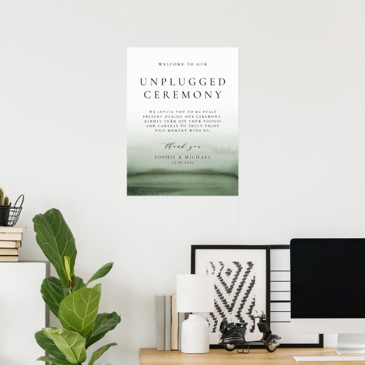 Groene Waterverf Ombre Unplugged Wedding Ceremony Poster (Thuiskantoor)