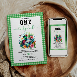groene Waterverf One Lucky Duck Boy 1st Birthday Kaart