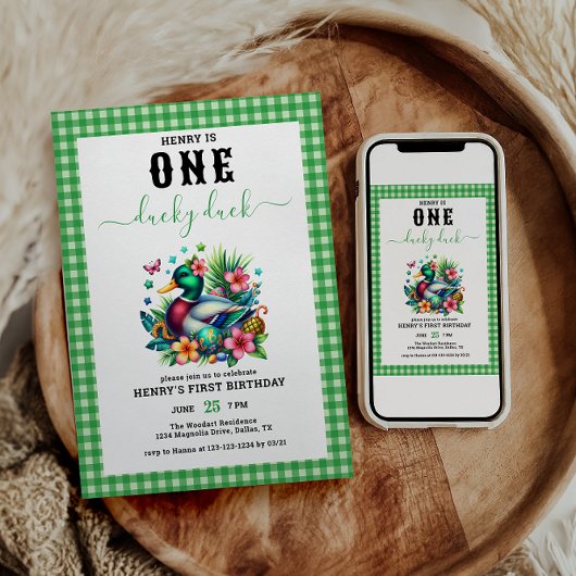 groene Waterverf One Lucky Duck Boy 1st Birthday Kaart