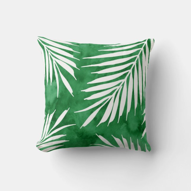 Groene Waterverf Palm Fronds Silhouette Kussen (Voorkant)