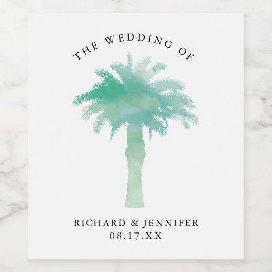 Groene Waterverf Palmboom Bruiloft Wijn Etiket (Enkel label)