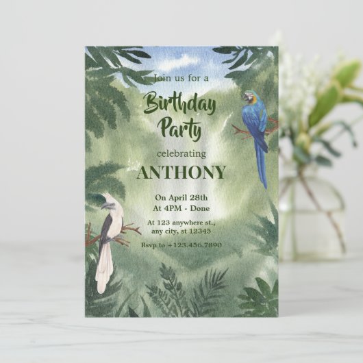 Groene Waterverf Parrot Forest oerwoud Verjaardag Kaart (Staand voorkant)