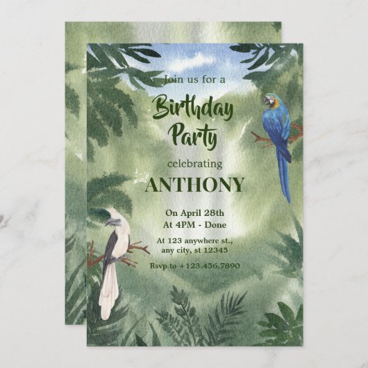 Groene Waterverf Parrot Forest oerwoud Verjaardag Kaart (Voorkant / Achterkant)