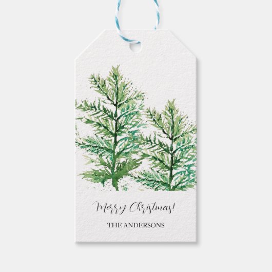 Groene Waterverf Pine Branches Cadeaulabel (Voorkant)