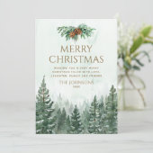 Groene Waterverf Pine Tree Forest Foto Kerstmis Feestdagenkaart (Staand voorkant)