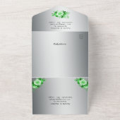 Groene Waterverf Rozen op Silver Wedding All In One Uitnodiging (Buitenkant)