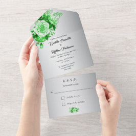 Groene Waterverf Rozen op Silver Wedding All In One Uitnodiging