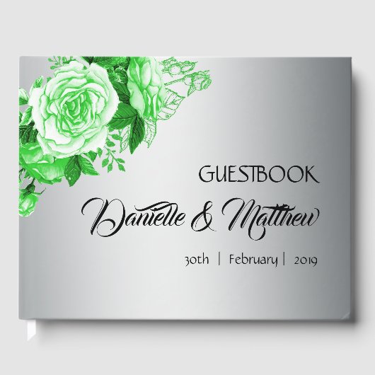 Groene Waterverf Rozen op Silver Wedding Gastenboek (Voorkant)