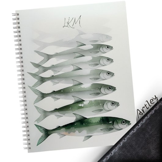 Groene Waterverf Sardine Art Custom Monogram Naam Notitieboek