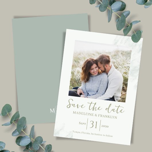 Groene Waterverf Save the Date Fotobruiloft Kaart