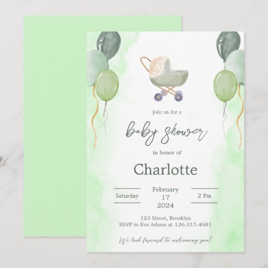 Groene Waterverf Schattige Baby shower Uitnodiging (Voorkant / Achterkant)