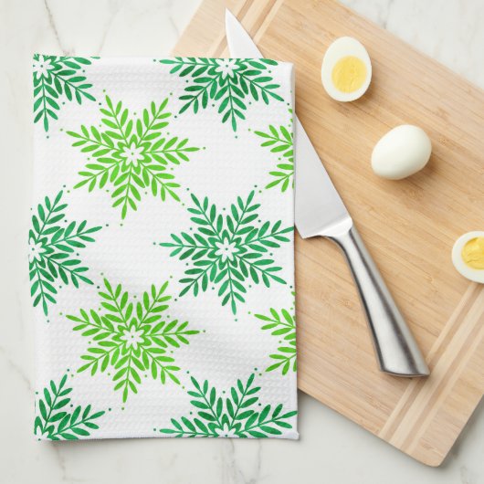 Groene Waterverf Snowflake Patroon Theedoek (Quarter Fold)