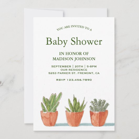 Groene Waterverf Succulenten Baby Shower Kaart (Voorkant)