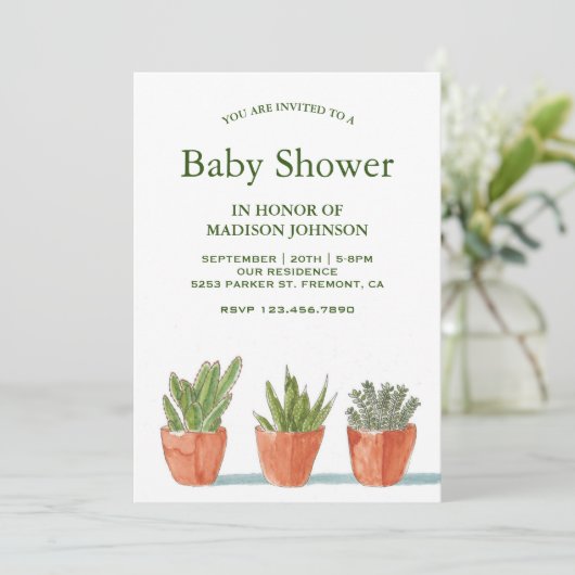 Groene Waterverf Succulenten Baby Shower Kaart (Staand voorkant)