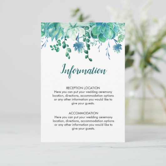 Groene Waterverf Succulenten Bruiloft Informatie Informatiekaartje (Staand voorkant)