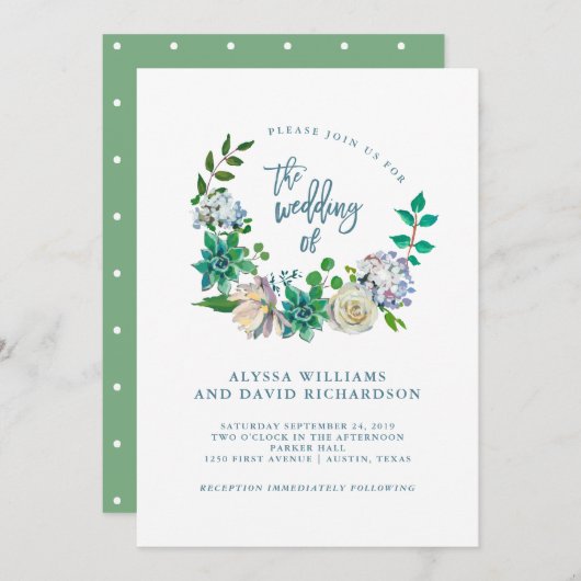 Groene Waterverf Succulenten en Bloemen | Bruiloft Kaart (Voorkant / Achterkant)
