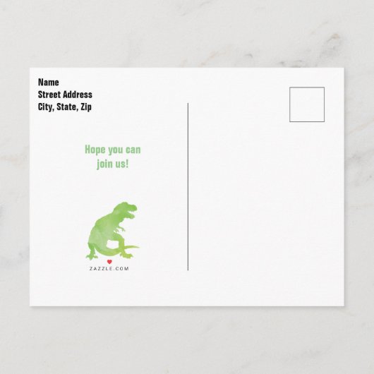 Groene Waterverf T-Rex Dinosaur Birthday Party Uitnodiging Briefkaart (Achterkant)
