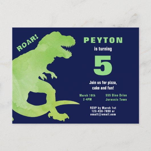 Groene Waterverf T-Rex Dinosaur Birthday Party Uitnodiging Briefkaart (Voorkant)