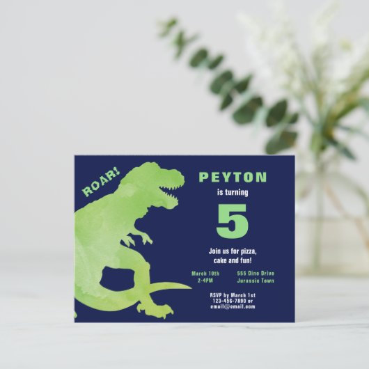 Groene Waterverf T-Rex Dinosaur Birthday Party Uitnodiging Briefkaart (Staand voorkant)