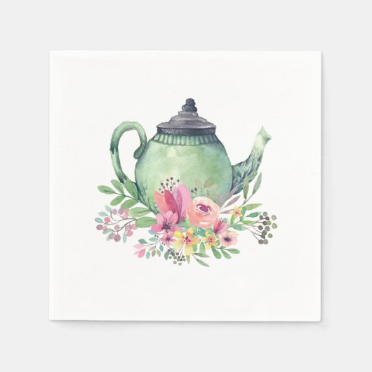 Groene Waterverf Theepot en Bloemen Servet (Voorkant)