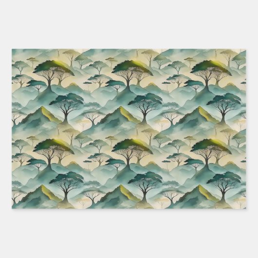 Groene Waterverf themabomen en heuvellandschap Inpakpapier Vel (Voorkant 3)