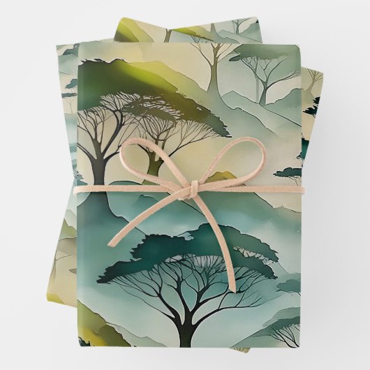 Groene Waterverf themabomen en heuvellandschap Inpakpapier Vel (In situ)