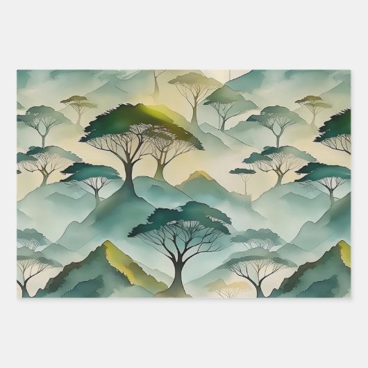 Groene Waterverf themabomen en heuvellandschap Inpakpapier Vel (Voorkant)