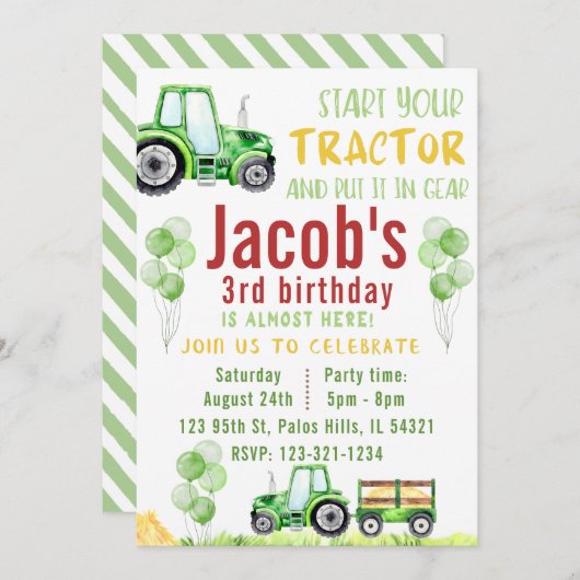 Groene waterverf tracktor verjaardagsuitnodiging kaart (Voorkant / Achterkant)