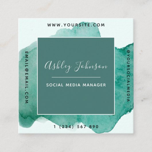 Groene Waterverf Trendy Social Media QR Code Bold Vierkante Visitekaartje (Voorkant)