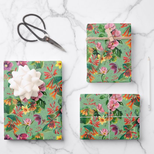 Groene Waterverf Tropical Floral Wrapping Paper (Voorkant)