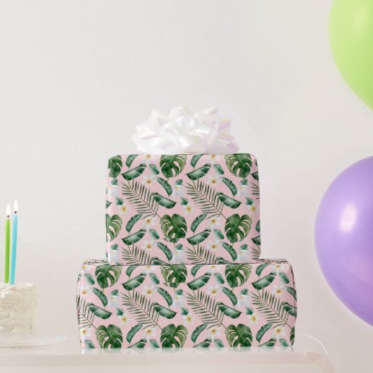 Groene Waterverf Tropische bladeren Witte bloemen Cadeaupapier (Feestgeschenken)