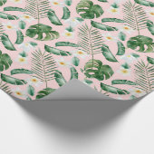 Groene Waterverf Tropische bladeren Witte bloemen Cadeaupapier (Hoek)