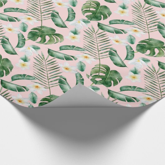 Groene Waterverf Tropische bladeren Witte bloemen Cadeaupapier (Hoek)