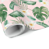 Groene Waterverf Tropische bladeren Witte bloemen Cadeaupapier (Rol Hoek)