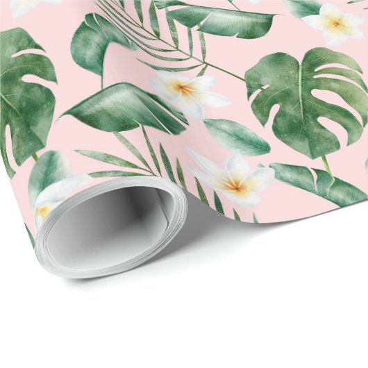 Groene Waterverf Tropische bladeren Witte bloemen Cadeaupapier (Rol Hoek)