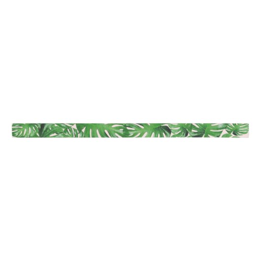 Groene Waterverf Tropische Monstera Patroon op Roz Grosgrain Lint (Voorkant)