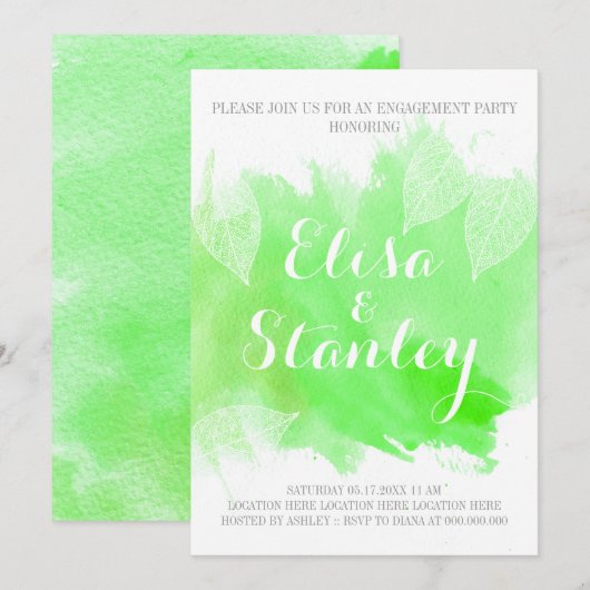 Groene waterverf & verlaat bruiloft verlovingsfees kaart (Voorkant / Achterkant)