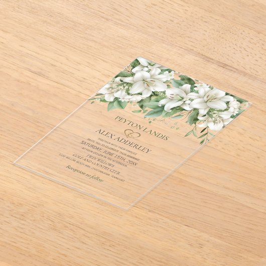 Groene Waterverf Verlaat Witte Bloemen Gouden Huwe Acryl Uitnodigingen (Laagn)