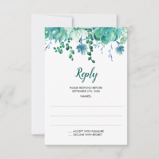 Groene Waterverf vetplanten bruiloft antwoord Kaar (Voorkant)