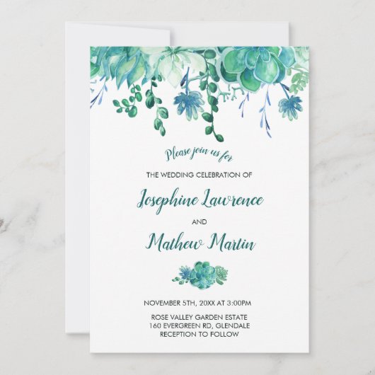 Groene Waterverf vetplanten bruiloft uitnodiging (Voorkant)