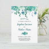 Groene Waterverf vetplanten bruiloft uitnodiging (Staand voorkant)