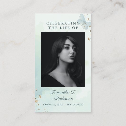 Groene Waterverf Vlinder Begrafenis Kaart Visitekaartje (Voorkant)