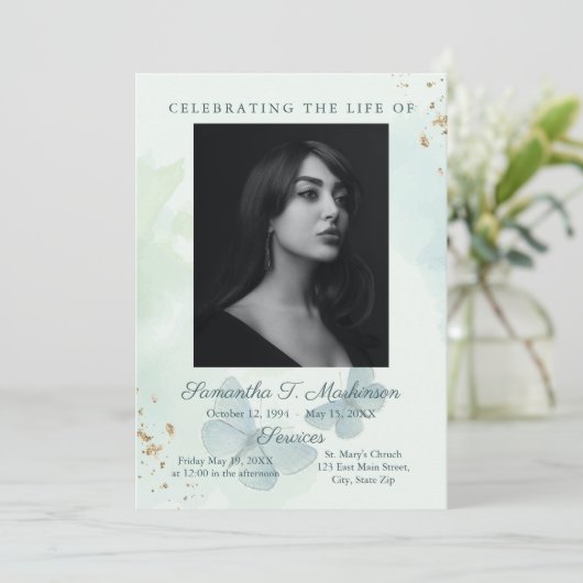 Groene Waterverf vlinder begrafenis overlijdensber Programmakaart (Staand voorkant)