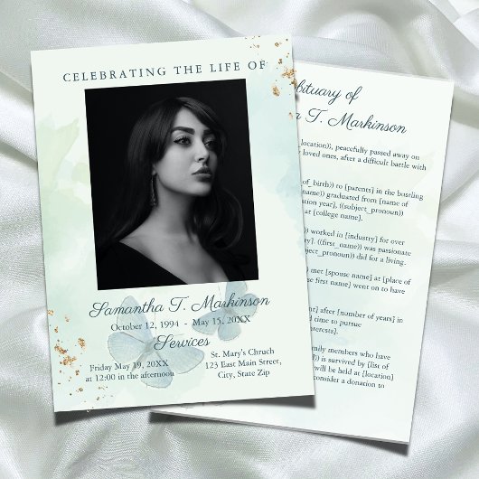 Groene Waterverf vlinder begrafenis overlijdensber Programmakaart