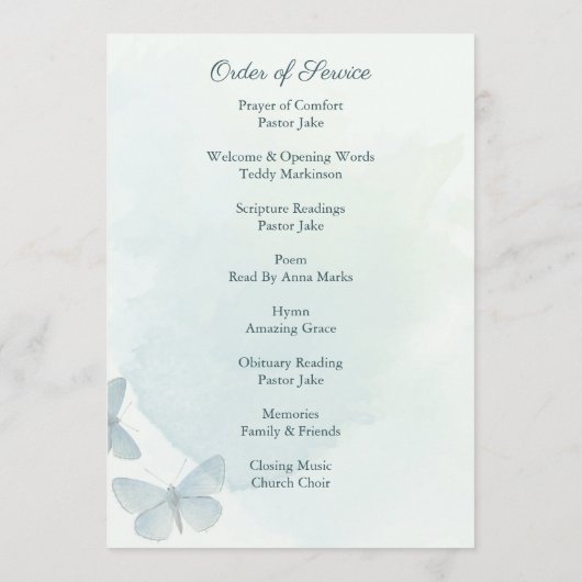 Groene Waterverf Vlinderbegrafenisdiensten Programmakaart (Achterkant)