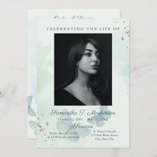 Groene Waterverf Vlinderbegrafenisdiensten Programmakaart (Voorkant / Achterkant)